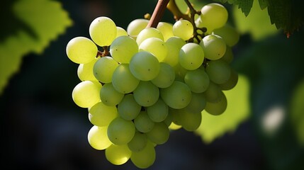 Macro view of luscious hanging green grapes on vineyard branches in a beautiful natural background