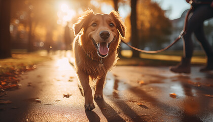 cute joyful dog walks in the park on a leash - obrazy, fototapety, plakaty