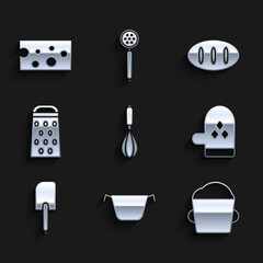 Fototapeta premium Set Kitchen whisk, Cooking pot, Bakery bowl dough, Oven glove, Spatula, Grater, Bread loaf and Cheese icon. Vector