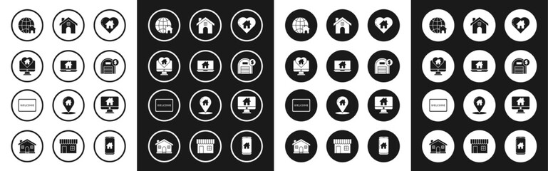 Set House with heart shape, Laptop and smart home, Monitor house in, Globe symbol, Warehouse dollar, Computer monitor and Doormat the text Welcome icon. Vector