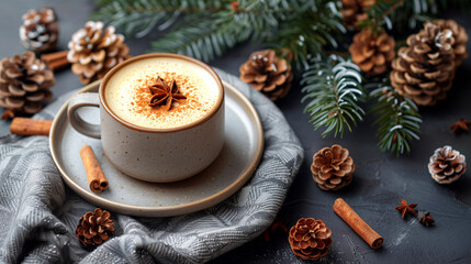 Cappuccino with cinnamon and star anise on a dark background. Christmas and New Year concept.