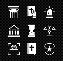 Set Law pillar, Oath on the Holy Bible, Flasher siren, Fingerprint, bible book, Police badge, Courthouse building and Old hourglass icon. Vector