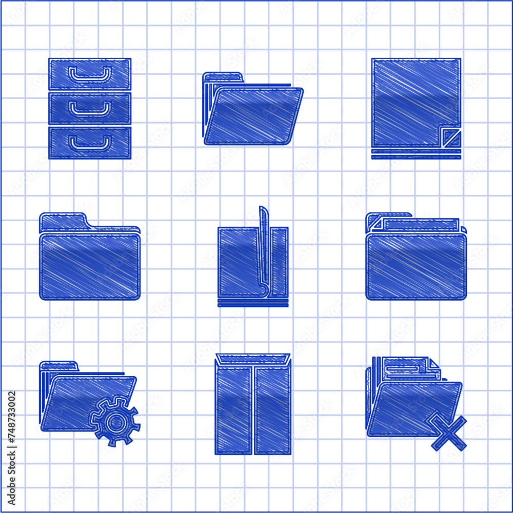Poster set file document, envelope, delete folder, document, folder settings with gears, and drawer documen