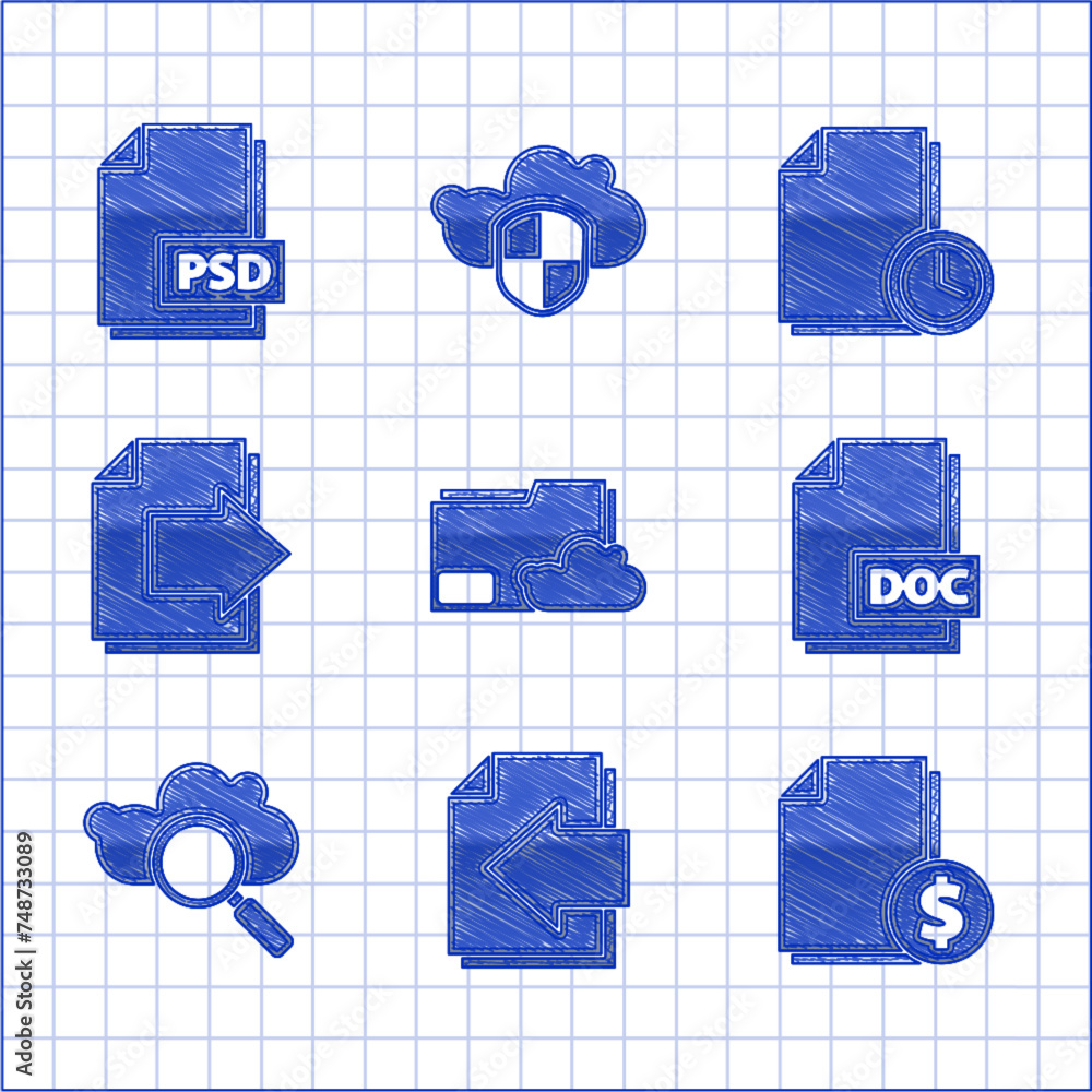 Poster set cloud storage text document folder, next page arrow, finance, doc file, search cloud computing, 