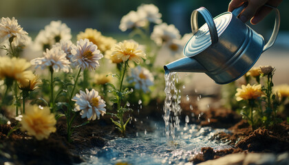 watering can with flowers in the garden. watering flowers in the garden.
