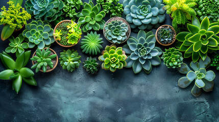 Succulents in pots on dark background top view copy space.