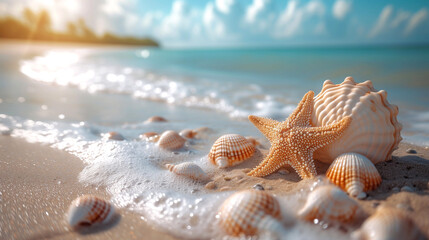 Tropical beach with starfish on the sand, summer vacation background. Travel and beach vacation, free space for text.