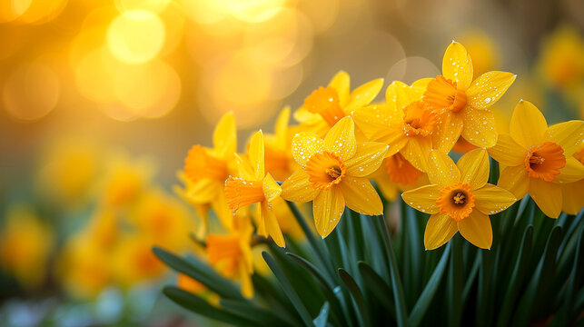 Beautiful spring nature background with daffodil flowers. Yellow Daffodils Flowers closeup on green and  yellow bokeh background.