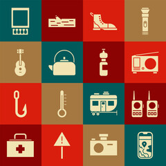 Set City map navigation, Walkie talkie, Radio with antenna, Hiking boot, Kettle handle, Guitar, Open matchbox matches and Bottle of water icon. Vector