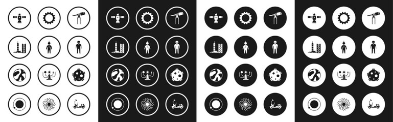Set Telescope, Astronaut, Rocket launch from the spaceport, Satellite, Alien, Sun, Planet and icon. Vector