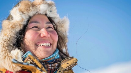 Smiling Eskimo woman wearing traditional clothing in wind against clear blue sky - obrazy, fototapety, plakaty