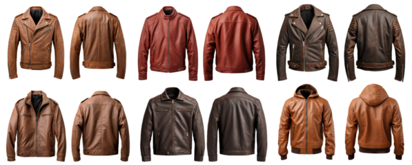 Set of men's brown leather jackets showcasing front and back views mock-up, cut out