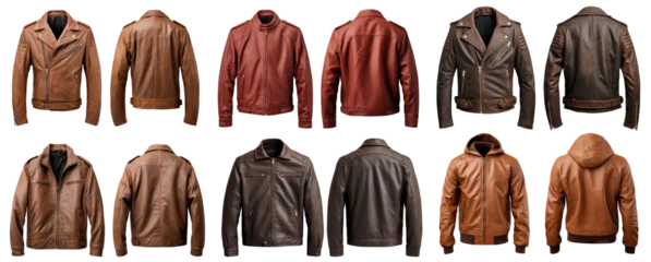 Foto op Aluminium Set of men's brown leather jackets showcasing front and back views mock-up, cut out © Yeti Studio
