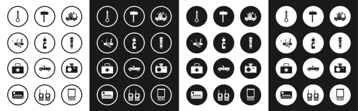 Set Rv Camping trailer, Bottle of water, Swiss army knife, Meteorology thermometer, Flashlight, Road traffic signpost, Photo camera and First aid kit icon. Vector