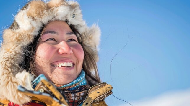 Smiling Eskimo woman wearing traditional clothing in wind against clear blue sky