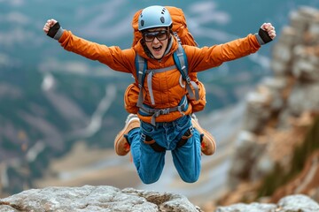 excited mountain hiker jumping on mountain in joy 