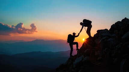 Teamwork friendship hiking help each other trust assistance silhouette in mountains, sunrise. Teamwork of two men hiker helping each other on top of mountain climbing team beautiful sunrise - obrazy, fototapety, plakaty