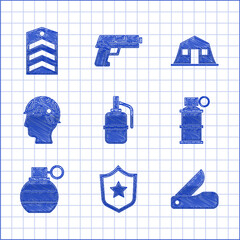 Set Hand grenade, Military reward medal, Swiss army knife, smoke, Army soldier, barracks and Chevron icon. Vector