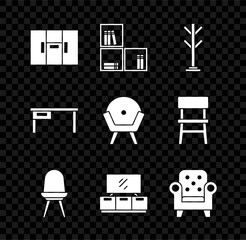 Set Wardrobe, Shelf with books, Coat stand, Chair, TV table, Armchair, Office desk and icon. Vector