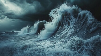 giant waves and tsunami hitting under dark stormy sky with perfect storm and catastrophic ocean conditions