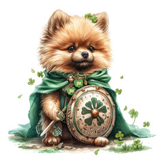 Dressed up dog and puppies in green attire, portraying adorable terriers for Christmas portrait
