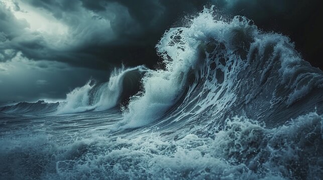 giant waves and tsunami hitting under dark stormy sky with perfect storm and catastrophic ocean conditions