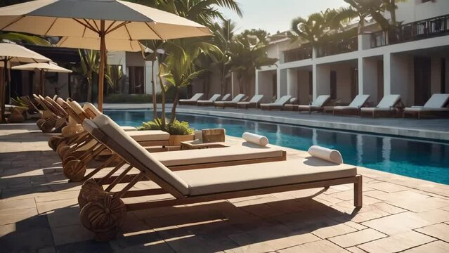 sun lounger with umbrella by the pool, hotel
