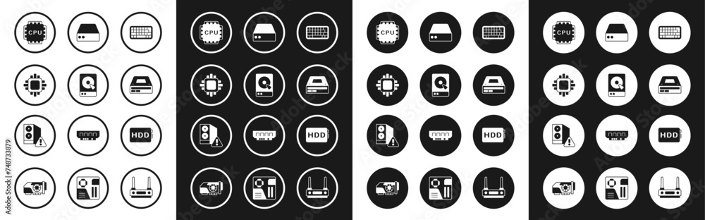 Poster set keyboard, hard disk drive hdd, processor with cpu, optical disc, server, data, web hosting, and 