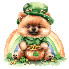 Fluffy Pomeranian puppy surrounded by green leaves, holding a flower