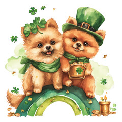 couple Adorable Pomeranian puppy isolated, white and brown fur, fluffy and cute.