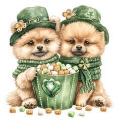 couple Adorable Pomeranian puppy isolated, white and brown fur, fluffy and cute.