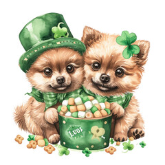 couple Adorable Pomeranian puppy isolated, white and brown fur, fluffy and cute.