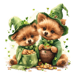 couple Adorable Pomeranian puppy isolated, white and brown fur, fluffy and cute.