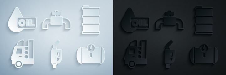 Set Gasoline pump nozzle, Barrel oil, tank for vehicle, Metallic pipes and valve and Oil drop icon. Vector