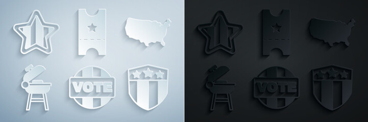 Set Vote, USA map, Barbecue grill, Shield with stars, Baseball ticket and Independence day icon. Vector