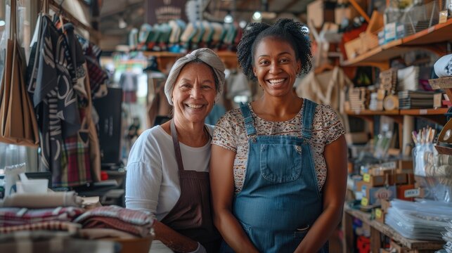 Two happy businesswomen smiling while working in a thrift store. Female entrepreneurs running an e-commerce small