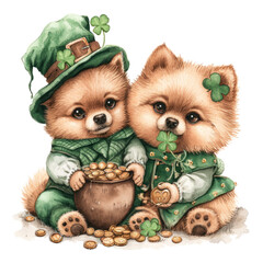 couple Adorable Pomeranian puppy isolated, white and brown fur, fluffy and cute.