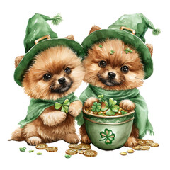 couple Adorable Pomeranian puppy isolated, white and brown fur, fluffy and cute.