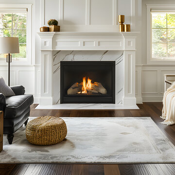 Beautiful living room interior with hardwood floors and fireplace in new luxury home. 3D Rendering.