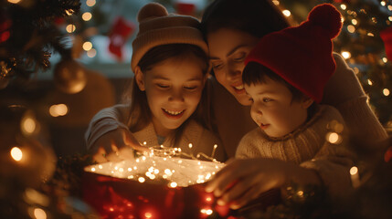 Obraz na płótnie Canvas Christmas Family Open Present Gift Bag, Looking to Magic Light in Night Xmas Tree Interior.