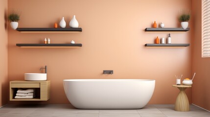 Fototapeta na wymiar Contemporary peach colored bathroom interior with stylish bathtub and modern decor elements