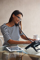 Woman, phone or typing for sales, customer support or feedback in reception office in San Diego. Virtual assistant on call for schedule, administration and consultation in telemarketing business