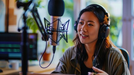 Content creator woman host streaming her a podcast on laptop with headphones and microphone interview cheering guest conversation at broadcast studio. Blogger motivation recording voice over radio