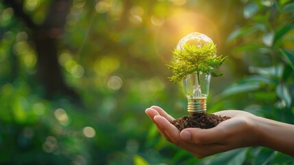 Developer hand holding light bulb of growth tree on blurred green nature background