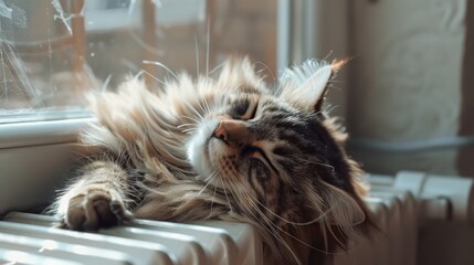 domestic lazy long-haired young whiskered cat lies and stretches against background of window and heating radiator, concept of autonomous heating, warm floors, sick animal, summer heat. sad animal - obrazy, fototapety, plakaty