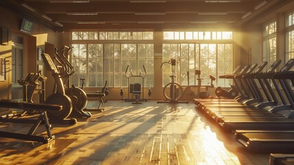 Serene gym bathed in golden hour sunlight with cardio and strength equipment - obrazy, fototapety, plakaty