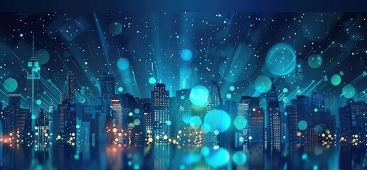 Fototapeta premium Cityscape on dark blue background with bright glowing neon. Technology city background