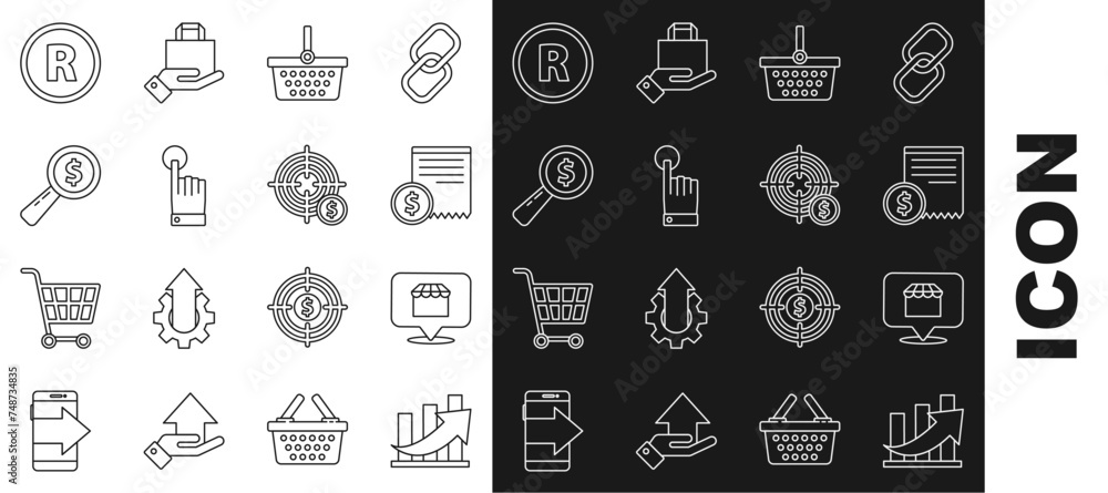 Poster Set line Financial growth and coin, Paper check financial check, Shopping basket, Hand touch tap gesture, Magnifying glass dollar, Registered Trademark and Target with symbol icon. Vector