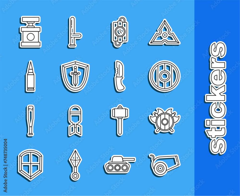 Poster set line cannon, medieval shield with crossed axes, round wooden, dynamite stick and timer clock, sw