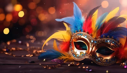 Gardinen Venetian mask with feathers with rainbow colors ,concept carnival © terra.incognita